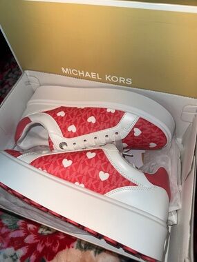 Michael Kors Red and White Heart-Print Platform Sneakers